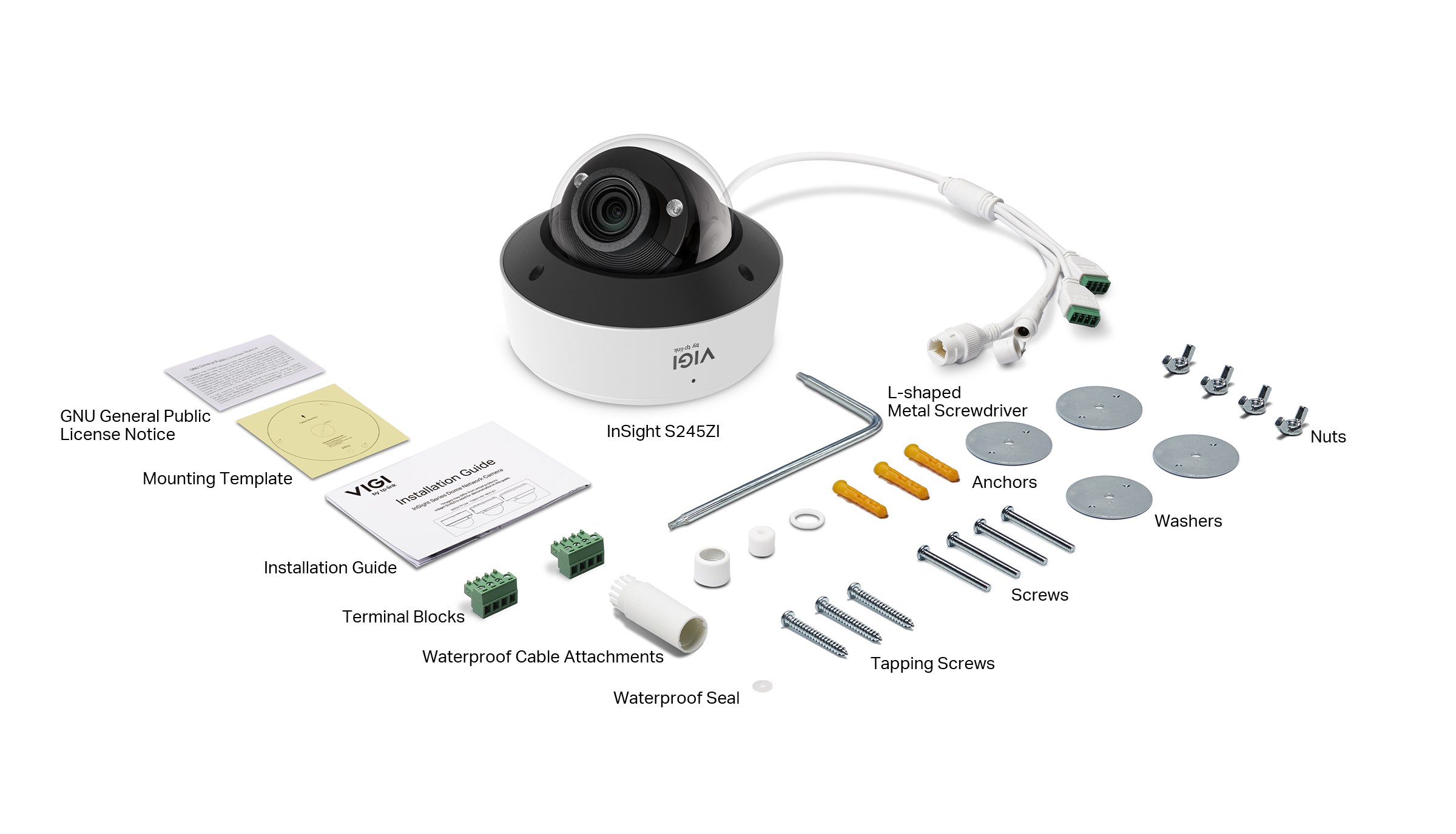 contenuto-confezione-VIGI InSight S245ZI | Telecamera Zoom 5x Motorizzato Smart con AI Avanzata | Wi-Fi - 4MP AI